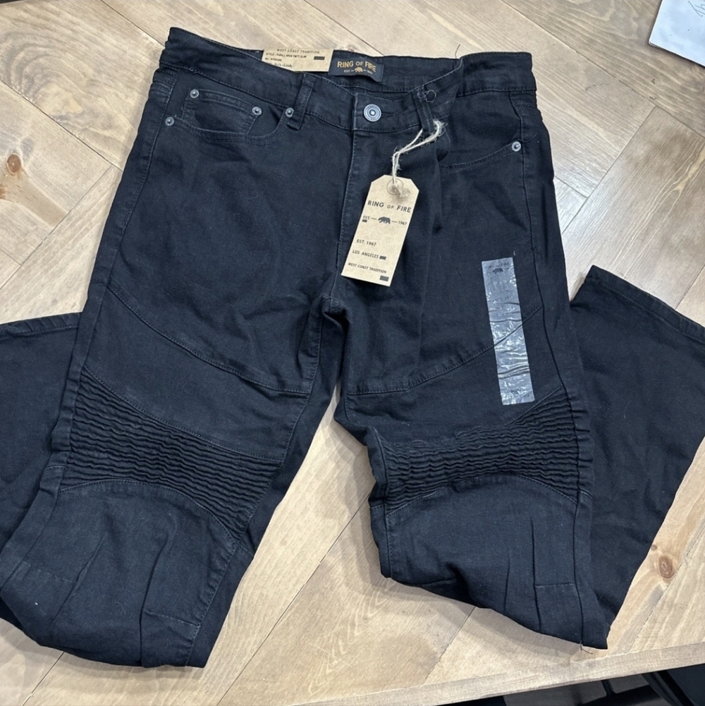 Ring of Fire Black Moto Jeans Slim Fit 30x32 Ribbed Knee Stretch NWT